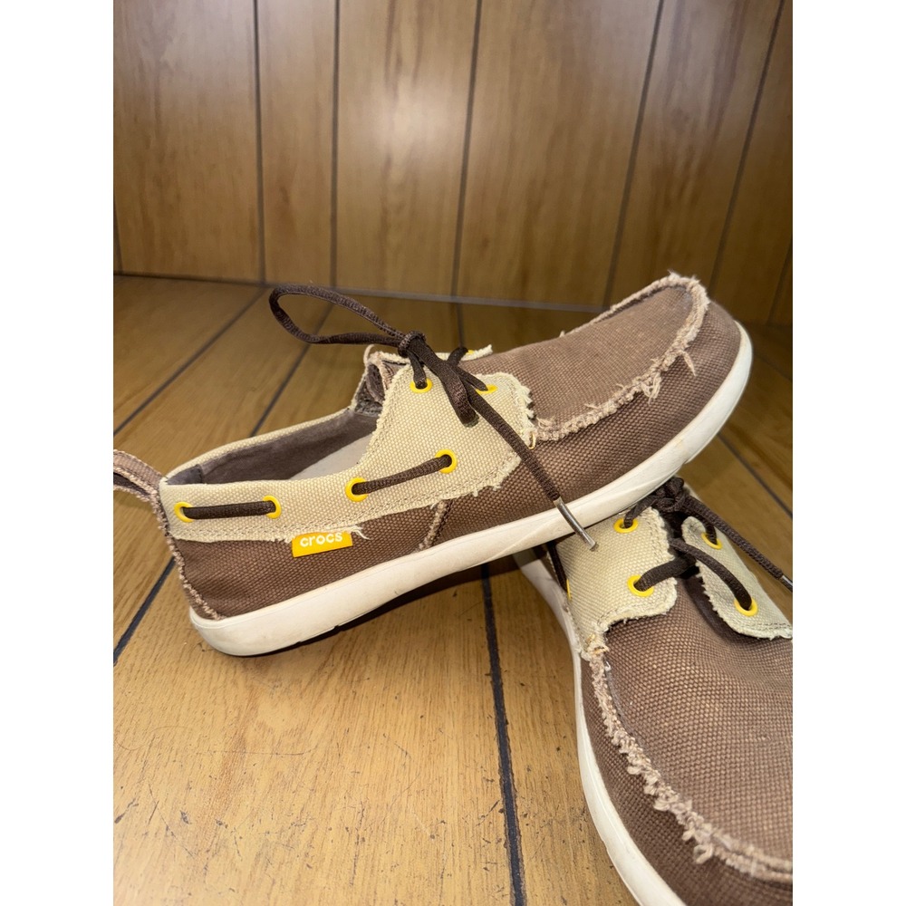 Crocs Men Canvas‎ Boat Shoes Brown Khaki Lace Up Casual Size M10